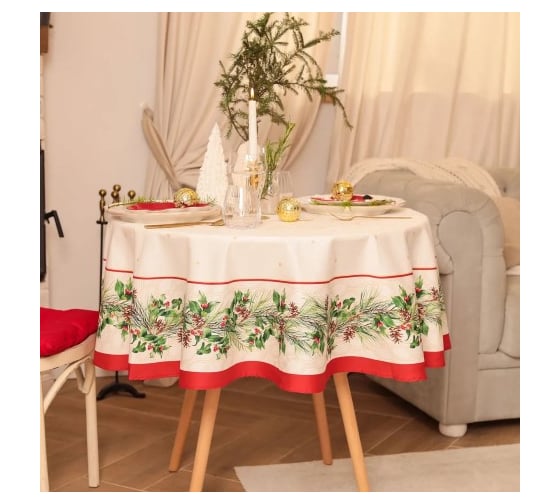Скатерть Этель Christmas wreath диаметр 150 см +/-3 см с ВГМО, 100% хлопок, саржа 190 г/кв.м 10554232