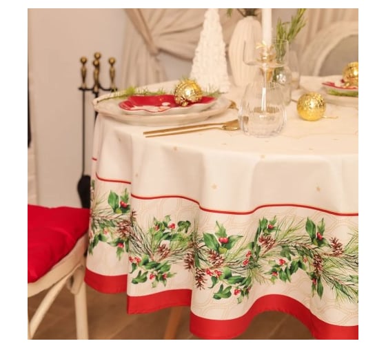 Скатерть Этель Christmas wreath диаметр 150 см +/-3 см с ВГМО, 100% хлопок, саржа 190 г/кв.м 10554232