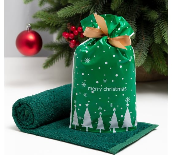 Махровое полотенце Экономь и Я Merry Cristmas 30х60 см, зелёный, 100% хлопок, 340 г/м2 9177088 1