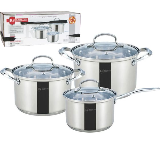 Посуда Rainstahl RS\CW 1616-06, 6 предметов, стеклянная крышка, 2,0 л, 2,7 л, 3,7 л, капсульное дно (х4) 1616-06RS\CW