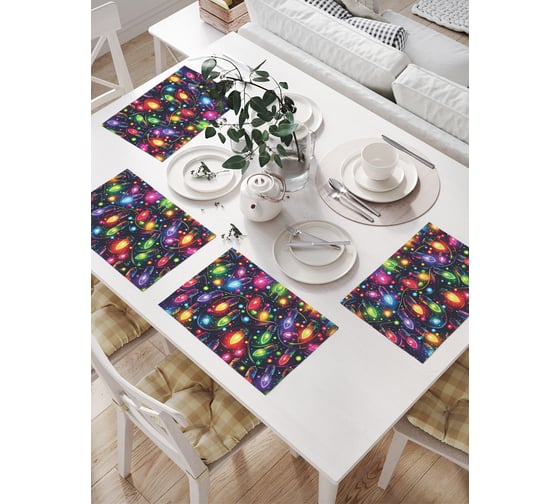 Салфетки на стол для сервировки прямоугольные, плейсмат JoyArty "Красочные огоньки", 32x46 см, в комплекте 4 шт., серия Новый год и Рождество np_sd3885 1