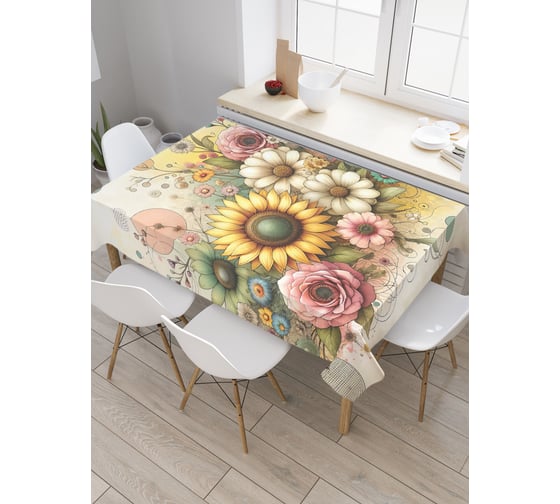 Прямоугольная тканевая скатерть на стол с рисунком JoyArty Роза и подсолнух 145х180 см tc_sd3564_180x145 1
