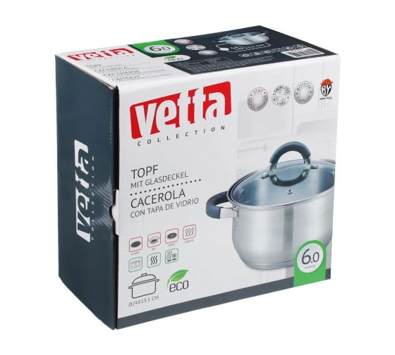 Кастрюля VETTA Вена 24х13,5 см, 6 л со стеклянной крышкой, индукция 822-074