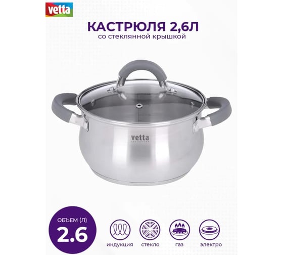 Кастрюля VETTA Вена 18х10,5 см, 2,6 л со стеклянной крышкой, индукция 822-054