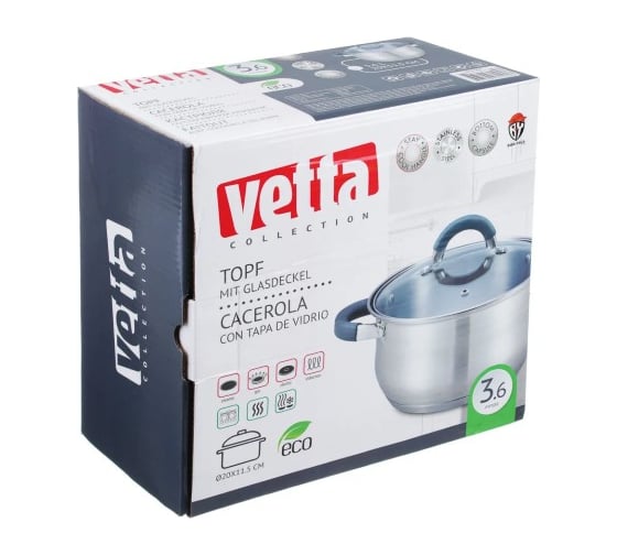 Кастрюля VETTA Вена 20х11,5 см, 3,6 л со стеклянной крышкой, индукция 822-064