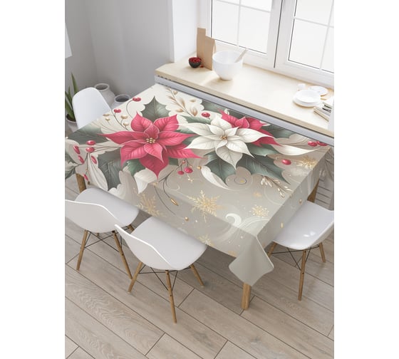 Прямоугольная тканевая скатерть на стол с рисунком JoyArty Лиственные цветы 120х145 см, серия Новый год и Рождество tc_sd3907_120x145 1