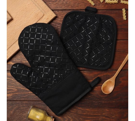 Кухонный набор из 2 предметов Доляна черный, прихватка 17*17 см, варежка 26*16 см, 100% п/э 9687367 1