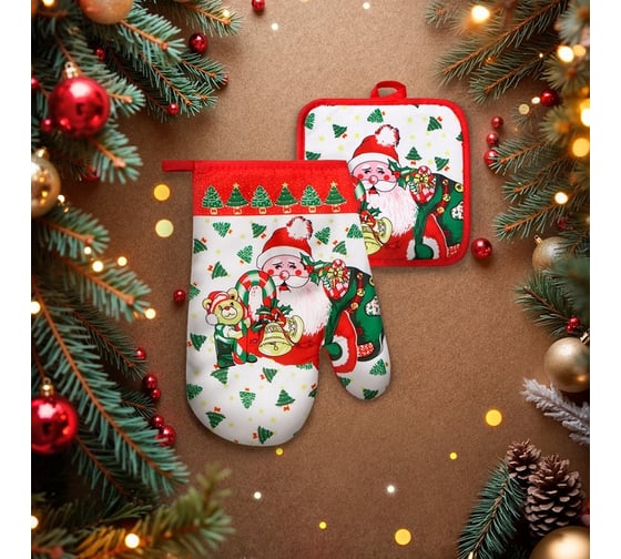 Кухонный набор из 2 предметов Доляна Праздники, прихватка 17*17 см, варежка-прихватка 26*16 см, 100% п/э 10513413 1