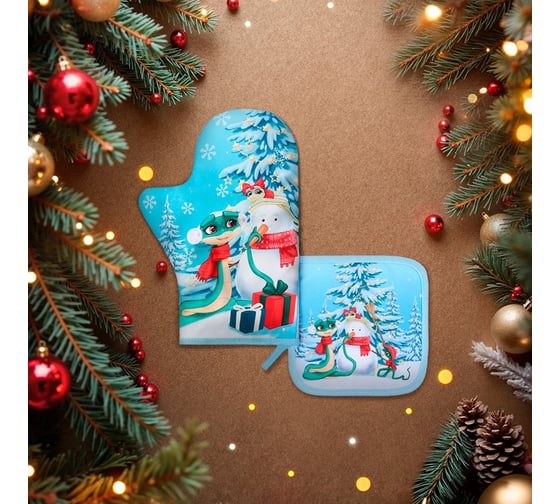 Набор кухонный Доляна Christmas story, прихватка 17x17 см, варежка-прихватка 20x28 см, 35% хлопок, 65% п/э 10330168