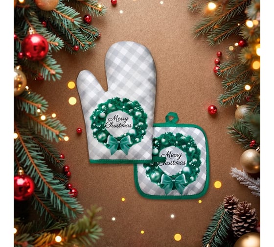 Кухонный набор из 2 предметов Доляна Christmas, прихватка 17*17 см, варежка-прихватка 26*16 см, 100% п/э 10439421