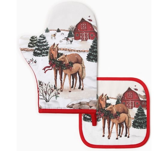 Кухонный набор Этель Нorse family варежка 20x28см, прихватка 19x19см, 100% хлопок 10366974