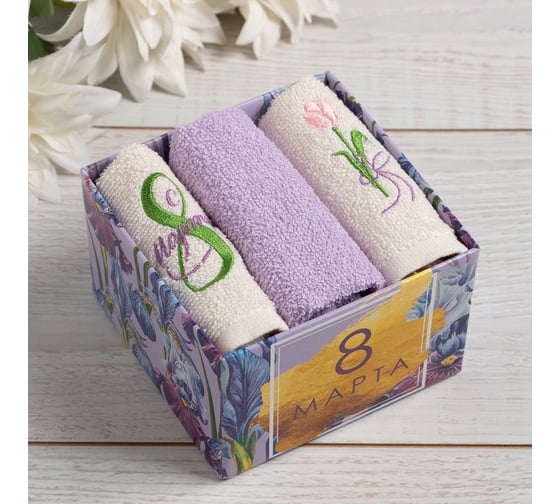 Набор полотенец Этель 8 Марта 30x30 см 3 шт, 100% хлопок 340 г/кв.м 5374102 1