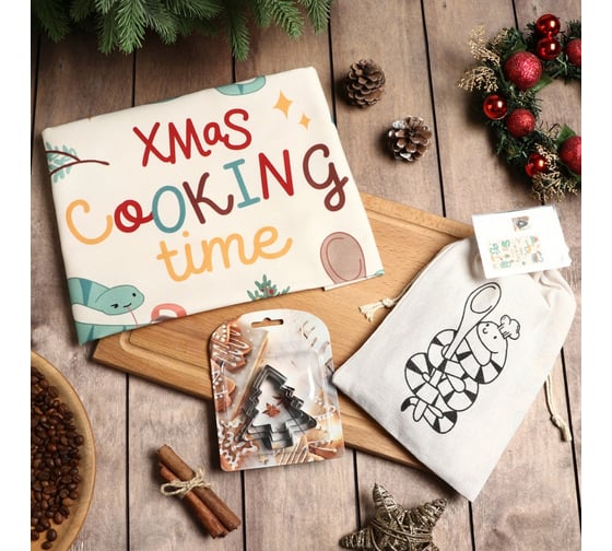 Набор полотенец Этель в мешочке Xmas cooking полотенце 40x70 см, формочки для запекания - 3 шт 10644926 1