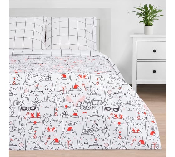 Комплект постельного белья Этель 2 сп Xmas cat 175х215 см, 200х220 см, 70х70 см - 2 шт, бязь 4935600