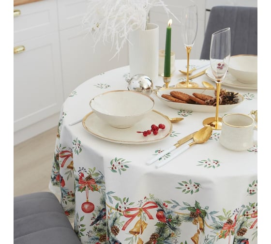 Скатерть Этель Сhristmas bells d=150 см +/-3см с ГМВО, 100% хлопок, саржа 190 гр/м2 7319013 1