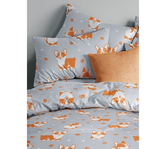 Комплект постельного белья Guten Morgen бязь, рис.1169, Corgi 2 спальное Макси, с наволочкой, 70x70 см GMПБ-1169-175-220-70