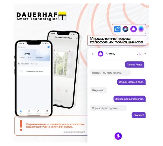 Рулонная штора DAUERHAFT с электроприводом 1.0x2 м и пультом ДУ Zigbee Блэкаут белый мотор справа РШДРбБ-1000