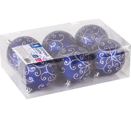 Елочные шары Золотая сказка 6 шт., пластик, 8 см, с серебристым рисунком, синий 590892
