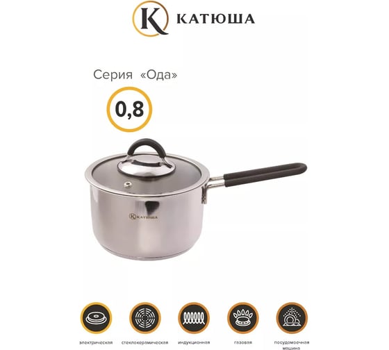 Ковш Катюша нержавеющая сталь, 12 см, 0,8 л, Ода, стеклянная крышка, ручка с силиконом 310-12-1