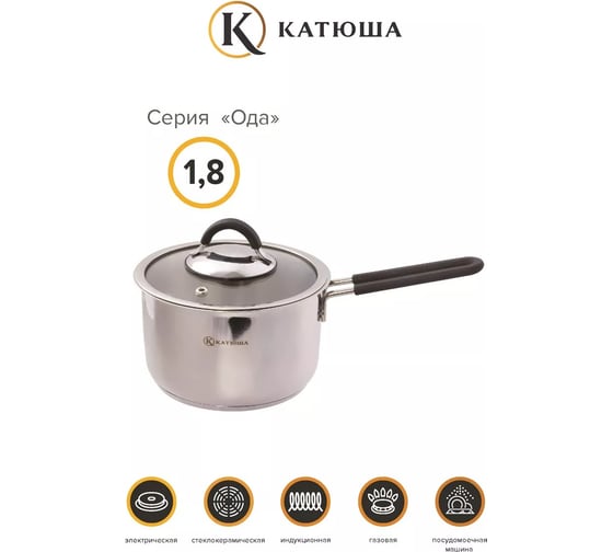 Ковш Катюша нержавеющая сталь, 16 см, 1.8 л, Ода, стеклянная крышка, ручка с силиконом 310-16-1
