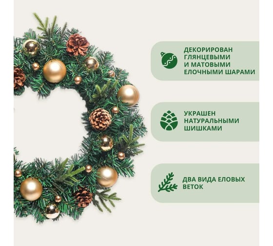 Венок новогодний декоративный B&H "Шишки с золотыми шарами" BH2168