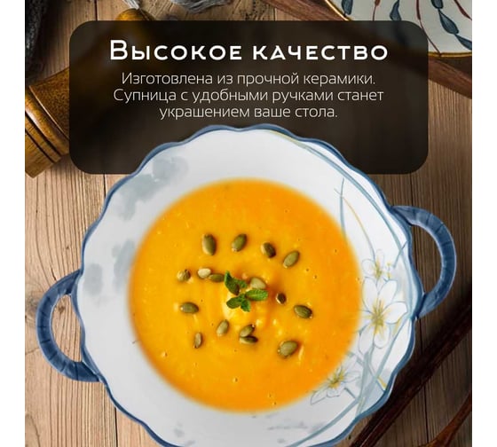 Тарелка Homium Japanese Collection, Цветочная коллекция, D23, глубокая, с ручками, белый/синий flowers03