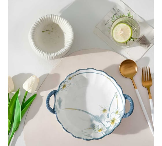 Тарелка Homium Japanese Collection, Цветочная коллекция, D23, глубокая, с ручками, белый/синий flowers03