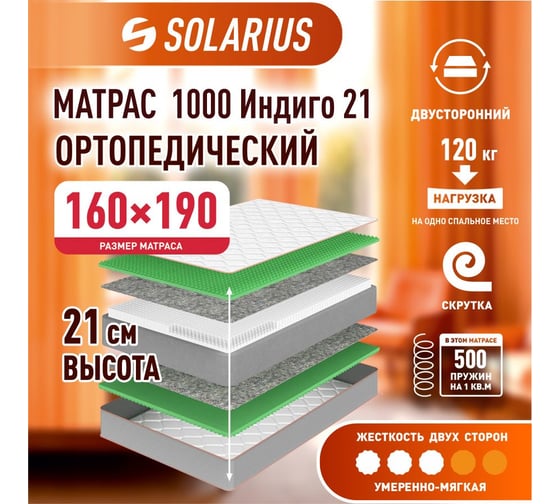 Матрас ортопедический Solarius 1000 Индиго 21 160x190 см ms-1000indigo21-160190