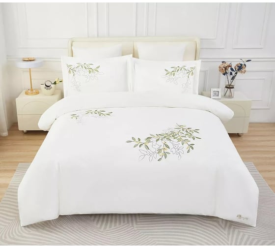 Постельное белье Arya Home Arya Deluxia Сатин, с вышивкой, 2 спальное, 200x220, Timid Белый 8680943246844 1