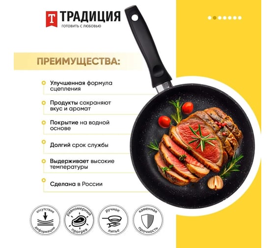 Сковорода Традиция готовить с любовью антипригарное покрытие, литая, 20 см, стеклянная крышка, Оптима ТО22013