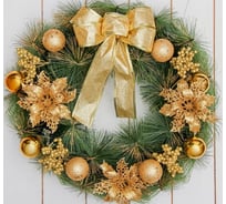 Новогодний венок Зимнее волшебство d-36 см, Бантик, золотые ягодки и цветы 3557052