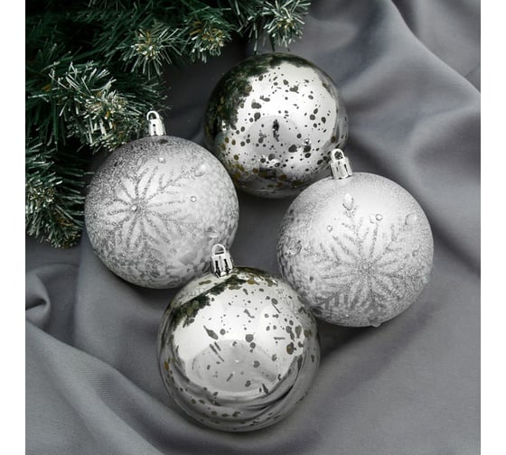 Набор пластиковых шаров Зимнее волшебство Кракле капель d-8 см, 4 шт серебро 4250852 1