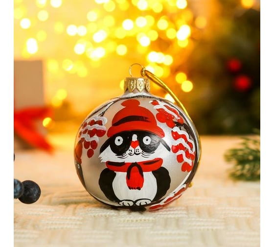Елочный шар Сималенд Котик в снежинках, d-8 см, ручная роспись 7304124 1