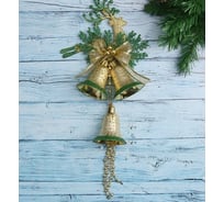 Новогоднее украшение Зимнее волшебство Три колокольчика на подвесе с оленем зелёная кайма, 18х40 см, золото 4316694