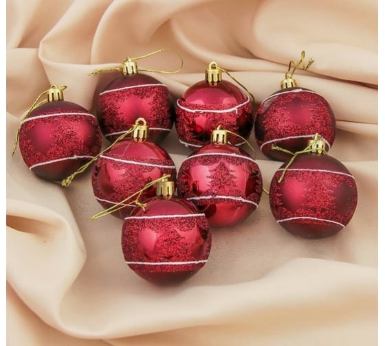 Набор шаров Зимнее волшебство пластик, d-6 см, 8 шт., Блестящая Елочка бордовый 3259713 1