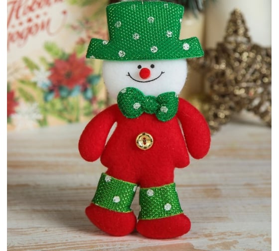 Мягкая подвеска Зимнее волшебство Снеговик в шляпе в горошек, 7х15 см, красно-зелёный 2388976 1