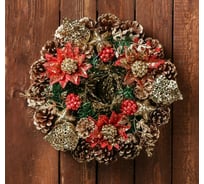 Новогодний венок Зимнее волшебство Шишки d-29 см, золотисто-красные цветы 3557061