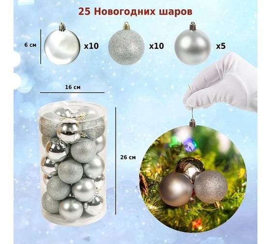 Набор ёлочных шаров Winter Glade, пластик, серебряный микс, 25 шт в упаковке 60125G002
