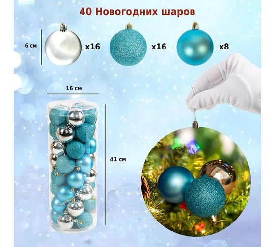 Набор ёлочных шаров Winter Glade, пластик, синий/серебро микс, 40 шт в упаковке 60140G258