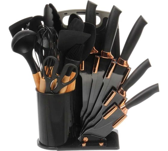 Набор кухонных принадлежностей Daniks 19 пр, силикон, бамбук, на подставке, с доской, чер, Y4-9609 503087 1