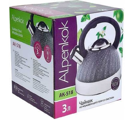 Чайник Alpenkok AK-518 нержавеющая сталь со свистком 3,0 л индукционное дно 12 0R-00006111