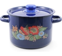 Эмалированная кастрюля СТАЛЬЭМАЛЬ цилиндрическая, 4.5 л, синий, шиповник ХП1146