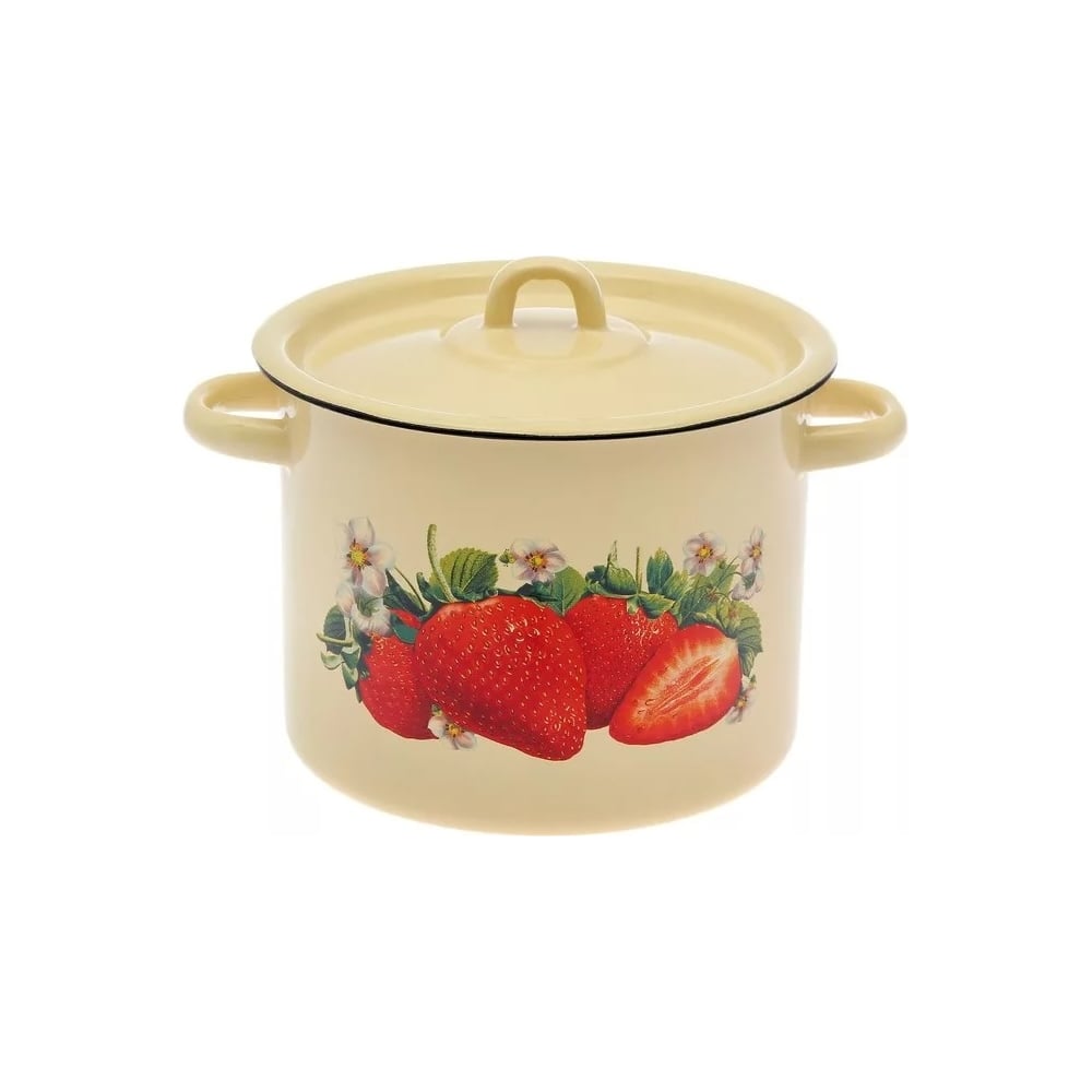 Эмалированная кастрюля СТАЛЬЭМАЛЬ цилиндрическая, 7 л, крем, клубника ...