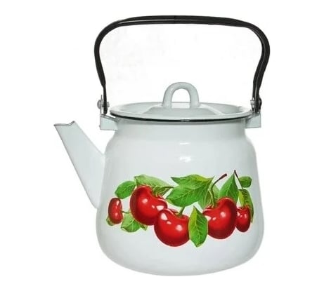 Эмалированный чайник Сибирские товары Вишневый сад сферический, 3.5 л, декор белый с петлей ПС8782