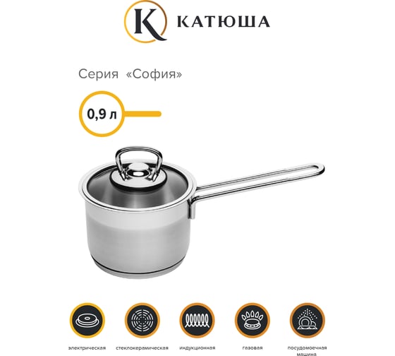 Ковш КАТЮША София нержавеющая сталь, 12 см, 0,9 л, стеклянная крышка 9940-120-0