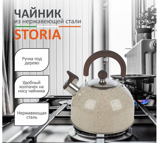 Чайник Mallony STORIA объем 2.5 л из нержавеющей стали со свистком окрашенный ручка под дерево 007190