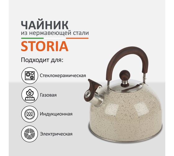 Чайник Mallony STORIA объем 2.5 л из нержавеющей стали со свистком окрашенный ручка под дерево 007190