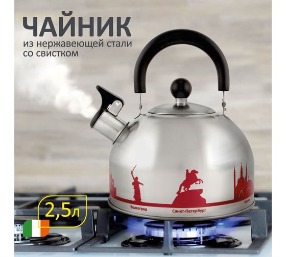 Чайник Mallony ГОРОДА РОССИИ из нержавеющей стали со свистком 2.5 л, с рисунком, меняющим цвет 006641
