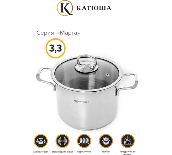 Кастрюля КАТЮША Марта нержавеющая сталь, 3,3 л, 18x14 см, стеклянная крышка 100-18-1