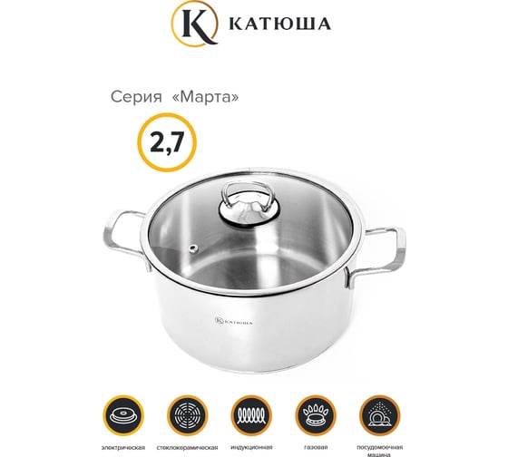 Кастрюля КАТЮША Марта нержавеющая сталь, 2,7 л, 20x10 см, стеклянная крышка 100-20-0